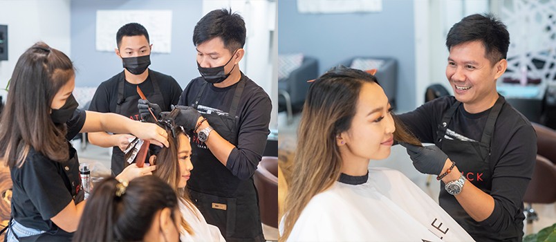 The Patrick Chantham Hair Lab team at work in the Boat Avenue Laguna salon — stylists in branded black aprons working with real clients in the studio.